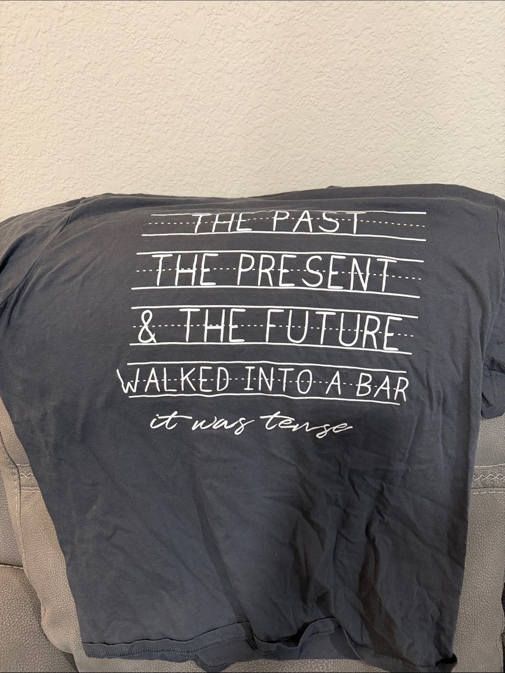 J. Crew Black Short Sleeve Tee with White Typographic Joke Graphic